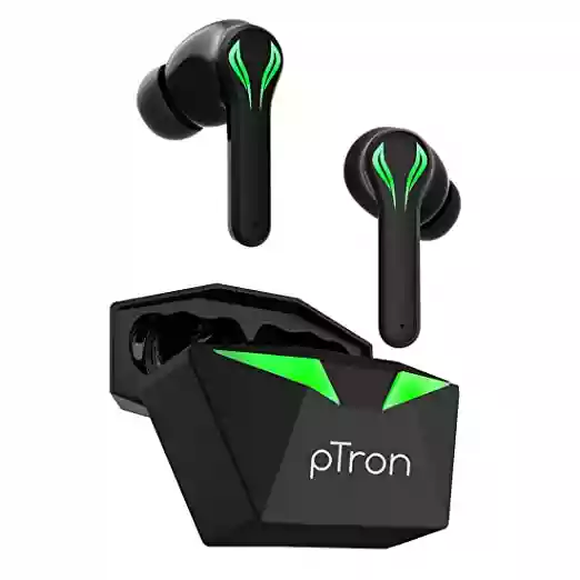 pTron Bassbuds Jade Gaming True Wireless Headphone with 40Hrs Total Playtime with Case, Low Latency, Deep Bass, BT5.0